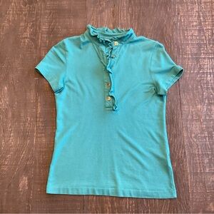 Tory Burch Ruffle-Neck Short Sleeve Polo - Turquoise - Size S